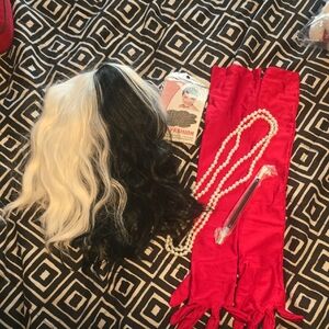 Black and White Wig with Red Gloves and Pearl Necklace
